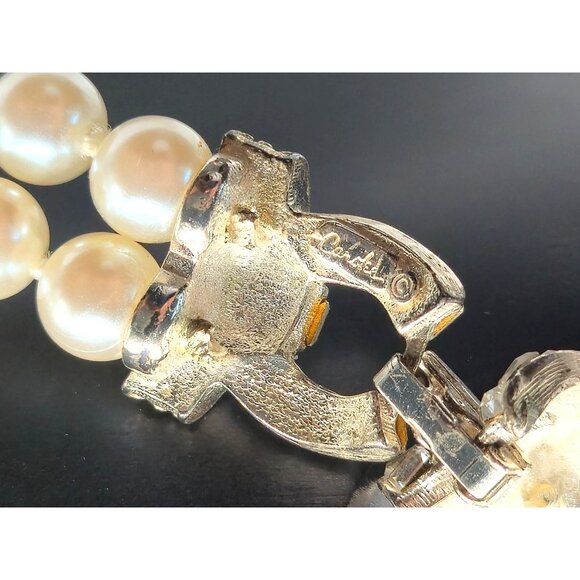 Signed Coralee Double Strand Faux Pearl Necklace Rhinestone Accent - Picture 5 of 5